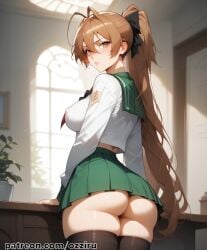 absurd_res ai_generated anime ass ass_focus brown_hair female hi_res highres highschool_of_the_dead long_hair miyamoto_rei ozziru patreon ponytail rei_miyamoto school_uniform schoolgirl self_upload uncensored