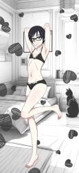 1girls 2020s 2024 alice_winters animal armpits arms_behind_head bare_legs bare_shoulders barefoot bed bedroom black_hair black_underwear blue_eyes blush bra collarbone feline female flat_chest full_body glasses heart hi_res indoors looking_at_viewer nashdnash2007 navel original pale-skinned_female pale_skin panties pet short_hair smile smiling_at_viewer solo standing_on_one_leg stomach toes underwear underwear_only