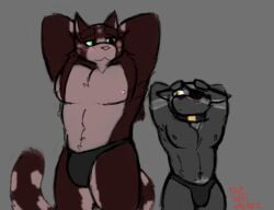 2021 2boys anthro applurr_(the_mist_walker) bara barazoku big_pecs bigger_male black_underwear blush brown_body brown_fur bulge digital_drawing_(artwork) digital_media_(artwork) domestic_cat exhibitionism felid feline final_space gay green_eyes grey_background grey_body grey_fur long_hair looking_at_another male male/male mammal mist_(the_mist_walker) muscles muscular muscular_male necklace nipples one_eye_covered original original_character original_characters pecs simple_background smaller_male smile smiling_at_partner tail the_mist_walker underwear ventrexian yellow_eyes