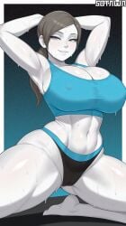 1girls ai_generated arms_up breasts female grey_eyes huge_breasts mat solo solo_female sotawa sweat thick_thighs white_skin wii_fit wii_fit_trainer wii_fit_trainer_(female)