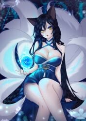 ahri ahri_(league_of_legends) artist_klozks black_hair blue_dress breasts dress fox_ears fox_girl fox_tail kitsune league_of_legends league_of_legends:_wild_rift magic magic_user magical_girl yellow_eyes