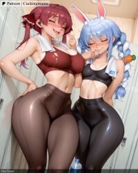 3girls ai_generated alternate_costume anchor_symbol animal_ear_fluff animal_ears armpits bangs bare_shoulders black_leotard blue_hair blush bottle braid brand_name_imitation breasts bunny-shaped_pupils cameltoe carrot carrot_hair_ornament cellphone cleavage crop_top cuckingmama extra_ears eyebrows_visible_through_hair eyepatch female food-themed_hair_ornament food_print hair_ornament hand_on_hip heavy_breathing heterochromia hololive hololive_fantasy hololive_japan houshou_marine indoors large_breasts leg_garter leggings legs leotard leotard_under_clothes locker long_hair looking_at_viewer mature_female medium_breasts medium_hair midriff multicolored_hair multiple_girls navel open_mouth pants pantyhose phone pirate_hat rabbit_ears rabbit_girl rabbit_tail red_eyes red_hair red_ribbon sheer_leotard short_eyebrows small_breasts smartphone smile sweat tagme thick_eyebrows thick_thighs thighs twin_braids twintails two-tone_hair usada_pekora virtual_youtuber water_bottle white_hair yellow_eyes