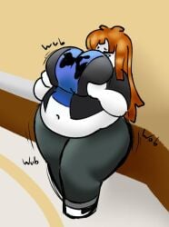 1girls ass bacon_hair belly bouyanttunes breasts brown_hair chubby chubby_female fat female female_focus female_only hips holding_breast large_breasts midriff roblox stomach thick_thighs wardrobe_malfunction weight_gain white_skin wide_hips
