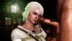 3d cd_projekt_red ciri clothing female freckles green_eyes imminent_oral light-skinned_female light-skinned_male looking_at_viewer male mascara penis penis_grab ratounador scar the_witcher_(series) the_witcher_3:_wild_hunt white_hair witcher_medallion