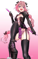 2boys 2d :d astolfo_(fate) bangs black_bow black_collar black_footwear black_gloves black_ribbon black_shirt blush bootjob boots bow braid buckle censored center_opening cleavage collarbone commentary crotch_stomping dark_skin dominatrix english_commentary erection eudetenis eyebrows_visible_through_hair eyeshadow fate/apocrypha fate_(series) femboy femboydom fishnet_panties fishnets flat_chest floating_hair footjob_over_clothes from_below garter_straps girly gloves gradient gradient_background groin hair_between_eyes hair_intakes hair_ribbon hairbow head_tilt heart heel_job heels heels_fetish heels_focus high_heel_boots high_heel_fetish high_heels high_heels_focus highres holding holding_whip hung_trap josou_seme juliet_sleeves latex leg_up lingerie long_hair long_sleeves looking_at_viewer looking_down makeup male male_focus male_only maledom malesub mosaic_censoring multicolored_hair multiple_boys oerba_yun_fang open_mouth panties penis pink_background pink_hair platform_heels pov presenting_penis puffy_sleeves purple_eyes purple_panties ribbon riding_crop sadism shiny shiny_clothes shiny_hair shirt shoejob side-tie_panties sidelocks signature single_braid smile solo_focus standing standing_footjob stepped_on stomping streaked_hair submissive_pov thigh_boots thighhighs thong trap tsurime underwear v-shaped_eyebrows very_long_hair whip white_background yaoi