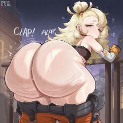 1female 1girls ai_generated ass ass_focus cellulite clapping_ass fat_ass looking_at_viewer looking_back mihoyo motion_lines pants_down piper_wheel sleepy zenless_zone_zero zzz
