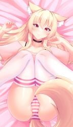 1girl 1girls absolute_territory bed blonde_hair cameltoe camera cat_ears cat_tail catgirl choker ear_fluff female laying_on_bed on_back on_bed original_character panties pink_bed_sheet red_eyes royzaff9o7o tagme thighhighs thighs tiffy