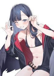 absurdres adjusting_hair bikini black_bikini black_hair black_wings blue_archive cowboy_shot feathered_wings flat_chest genderswap_(ftm) grin hair_behind_ear hands_up highres ichika_(blue_archive) jacket male male_only ok_sign omiyacha one_eye_closed open_clothes open_jacket penis rule_63 smile swimsuit trap white_background wings
