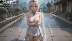 1girls ai_generated arms_under_breasts artist_name artist_signature bare_arms bare_shoulders blue_eyes breasts covered_nipples cowboy_shot crossed_arms dress elementalist_lux garter_straps hi_res high_resolution highres kurutai large_breasts league_of_legends looking_at_viewer lux luxanna_crownguard nipples outdoors parted_lips patreon riot_games see-through short_hair smile solo standing tiara uncensored wet wet_clothes white_hair