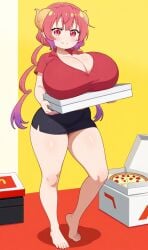 ai_generated curvy delivery_girl huge_breasts ilulu_(dragon_maid) miss_kobayashi's_dragon_maid pink_eyes pink_hair pizza shortstack