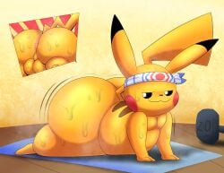 absurd_res accessory anus ass biped bodily_fluids dumbbell exercise front_view fur generation_1_pokemon genitals headband hi_res looking_back lying male motion_lines musk musk_clouds nintendo on_front orange_body orange_fur panel_skew pikachu pokemon pokemon_(species) rear_view shaking_butt shiny_pokemon solo sweat sweaty_butt sweaty_genitalia sweaty_legs sweaty_thighs tepigfan101 weights workout yoga_mat