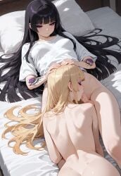 1futa 1girls ai_generated balls black_hair blonde_hair blowjob erection fellatio from_above futa_on_female futanari goth goth_futa goth_girl_(jamesbron) hands_on_head hime_cut hime_girl_(jamesbron) indoors intersex jamesbron long_hair lying medium_breasts no_bra no_panties nude on_bed partially_clothed penis small_breasts t-shirt tattoo thighs white_shirt wide_hips