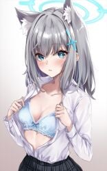1girls animal_ear_fluff animal_ears black_skirt blue_archive blue_bra blue_eyes blush bra breast_pocket breasts bright_pupils buttons cleavage collarbone collared_shirt commentary cross_hair_ornament dress_shirt extra_ears frilled_bra frills gradient_background grey_background grey_hair hair_between_eyes hair_ornament halo hands_up high-waist_skirt highres long_sleeves looking_at_viewer marisasu_(marisa0904) medium_breasts medium_hair mismatched_pupils open_clothes open_shirt parted_lips plaid_clothes plaid_skirt pocket school_uniform shiroko_(blue_archive) shirt shirt_tucked_in sidelocks skirt solo standing underwear undressing upper_body white_background white_pupils white_shirt wolf_ears