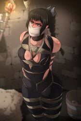 baldur's_gate baldur's_gate_3 bangs black_hair bondage bondage cloth_gag clothed female female_focus female_only fully_clothed gagged kidnapped over_the_mouth_gag rope rope_bondage ryner-e shadowheart shadowheart_(baldur's_gate) struggling