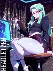 ai_assisted cyberpunk:_edgerunners cyberpunk_2077 glasses headletzer looking_at_viewer office_clothing office_lady panties_around_leg rebecca_(edgerunners)