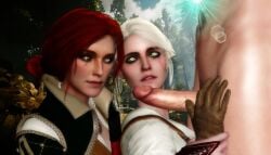 2girls 3d balls cd_projekt_red ciri clothing female freckles green_eyes imminent_oral light-skinned_female light-skinned_male male mascara penis ratounador red_hair scar testicles the_witcher_(series) the_witcher_3:_wild_hunt triss_merigold white_hair