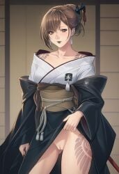 ai_generated akeha bare_shoulders black_lips black_lipstick brown_hair female female_only kimono kimono_lift looking_at_viewer nier nier_reincarnation pussy shoulder_tattoo thighs tied_hair