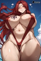 ai_generated areolae areolae_visible_through_bikini bare_thighs beach blush fairy_tail flare_corona gigantic_breasts huge_areolae huge_breasts huge_thighs light-skinned_female light_skin long_hair looking_down low-angle_view massive_breasts red_eyes red_hair sling_bikini slingshot_swimsuit smiling solo_female squatting sweat sweatdrop thick_body thick_female thick_thighs thighs very_long_hair voluptuous voluptuous_female yashugai