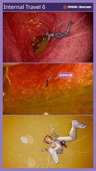 3d_(artwork) 9:16 anthro ass blue_border bodily_fluids border comic comic_panel digital_media_(artwork) domestic_cat drooling_tongue extreme_size_difference falling felid feline felis genitals hi_res internal male mammal micro monarquis nude nude_male oral_vore organs penis romy_(monarquis) size_difference solo stomach stomach_acid throat vore