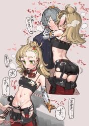 1boy absurdres ass bar_censor bare_shoulders black_shorts blonde_hair censored cum cum_on_body cum_on_clothes cum_on_stomach cum_string erection female gloves goggles goggles_around_neck green_eyes grey_hair hand_on_another's_head heart highres kissing long_hair mash_illust navel open_mouth orange_gloves penis piper_wheel shorts speech_bubble straight sweat translation_request wise_(zenless_zone_zero) zenless_zone_zero