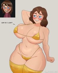 belly big_breasts big_nipples breasts brown_hair glasses golden_bikini hips mii moira_(void_b) nerdy_female nervous nervous_smile smile solo solo_female stockings thick thick_thighs tits_bigger_than_head void_b white_skin