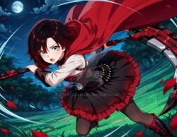 2025 ai_generated angry_at_viewer black_and_red_dress black_and_red_hair black_and_red_shoes black_eyebrows black_leggings black_shoes deviantart elryusam fighting fighting_game fighting_over_viewer fighting_pose fighting_stance grey_eyes holding_weapon looking_at_viewer meta not_porn open_mouth red_cape red_shoes ruby_rose rwby unknown_source using_powers