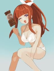 absurdres alternate_costume alternate_hairstyle bikini blunt_bangs earrings female food gnosia heart heart_earrings heart_tattoo high_ponytail highres jewelry long_hair looking_at_viewer nail_polish ponytail red_hair shish_kebab simple_background sketch smile solo sq_(gnosia) swimsuit tattoo upper_body user_nvwz8752 white_bikini