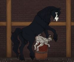 anal anal_sex animal_genitalia animal_penis anthro anthro_on_feral anthro_penetrated anus ass balls barrel black_body black_fur blue_eyes bodily_fluids bone_mask brick_wall brown_hair cheek_tuft cum cum_in_ass cum_inside curly_hair cute_fangs draft_horse drooling drooling_tongue duo ear_tuft equid equine equine_genitalia equine_penis facial_markings facial_tuft fangs felid feline female feral feral_penetrating feral_penetrating_anthro fetlocks friesian full-length_portrait fur genital_fluids genitals hair head_markings hi_res hirofence hooves horse horse_tail kneeling larger_male long_hair looking_back lynx male male/female mammal markings mask_(marking) multicolored_body multicolored_penis open_mouth pawpads penetration penis pink_pawpads pook_(nightdancer) portrait pussy saliva sex short_hair short_tail side_view simple_background size_difference smaller_female stone_floor tail tan_body teeth tuft two_tone_body two_tone_penis wall_(structure) yellow_eyes zaire_(nightdancer) zoophilia
