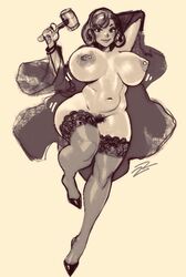 2018 areolae big_nipples blush bouncing_breasts chubby coat exposed exposed_breasts hammer high_heels huge_breasts large_breasts lingerie negarobo nipple_piercing nipples original phoebe_(robaato) pubic_hair short_hair sketch stockings thick_thighs