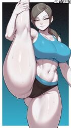 1girls ai_generated breasts female grey_eyes huge_breasts mat solo solo_female sotawa standing_on_one_leg standing_split sweat thick_thighs white_skin wii_fit wii_fit_trainer wii_fit_trainer_(female)
