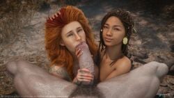 1boy 2girls 3d 3d_(artwork) accurate_art_style aged_up angrboda_(god_of_war) big_dick blowjob blowjob_pov blue_eyes brown_eyes brown_hair ffm ffm_threesome fully_nude god_of_war god_of_war_ragnarok helping kratos long_hair medieval norse_mythology outdoors pov pubic_hair red_hair sharing_penis size_difference sweat tattoos thrud_(god_of_war) trisbli
