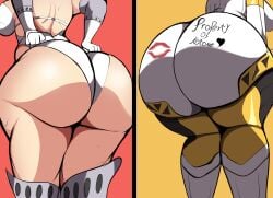2girls aigis_(persona) ass ass_focus bent_over big_ass body_writing bottom_heavy bubble_butt dat_ass fat_ass female female_only gluteal_fold huge_ass human hyperrxgue kiss_mark kiss_mark_on_ass kotone_shiomi large_ass massive_ass persona persona_3 robot robot_girl thick_ass thick_thighs thunder_thighs wide_hips