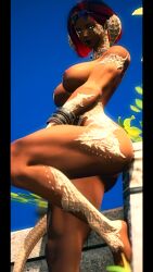 3d au_ra barbell_piercing big_breasts breasts chroma_kelv female ffxiv final_fantasy_xiv foot_focus full_body gpose(ffxiv) looking_at_another looking_at_viewer nipples nude nude_female piercing pussy restaurant sole_female solo solo_female uncensored