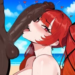 1boy 1girls ai_generated ass azur_lane big_breasts breasts cock_worship dark-skinned_male enormous_breasts female female_focus honolulu_(azur_lane) huge_ass huge_breasts huge_cock large_breasts licking_penis light-skinned_female long_hair naked naked_female nude nude_female red_eyes red_hair thick_thighs thighs twintails wide_hips