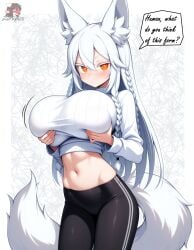 1girls ai_generated braided_hair cropped_sweater deep_skin female fox_ears fox_girl fox_tail gigantic_breasts grabbing_own_breasts holding_own_breasts huge_breasts kitsune long_hair long_sleeves midriff navel orange_eyes ribbed_sweater simple_background skin_tight solo speech_bubble sweater text text_bubble tight_sweater white_eyelashes white_hair white_sweater white_topwear yoga_pants zorkpics