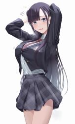 1girls absurdres arms_behind_head arms_up asymmetrical_bangs asymmetrical_hair bad_id bad_pixiv_id black_hair blazer blue_eyes blush bra bra_peek breasts bursting_breasts button_gap collarbone commentary cowboy_shot dress_shirt embarrassed female hair_bun highres inaka_44 jacket large_breasts long_hair long_sleeves miniskirt motion_lines necktie open_mouth original pleated_skirt shirt shirt_tucked_in sidelocks single_side_bun skirt solo striped_necktie symbol-only_commentary undersized_clothes underwear very_long_hair white_background