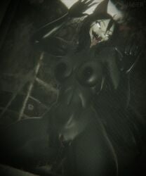 against_surface black_hair jaeger3d long_hair looking_at_viewer mal0 malo medium_breasts scp-1471 scp-1471-a scp_foundation skull_head