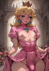 ai_generated blonde_hair blue_earrings blue_eyes blush castle crown exhibitionism exposed_chest exposed_nipples flat_chest futanari lifting_clothing lifting_dress lifting_own_clothes male_peach naughty_face naughty_smile nintendo penis_bulge pink_dress princess princess_peach public_exposure public_indecency rule_63 super_mario_bros.