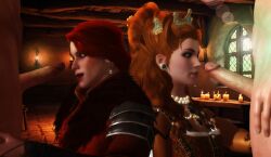 2boys 2girls 3d anna_henrietta blonde_hair braid cd_projekt_red cerys_an_craite clothing crown earrings female freckles imminent_oral light-skinned_female light-skinned_male male mascara penis ratounador red_hair scar the_witcher_(series) the_witcher_3:_wild_hunt
