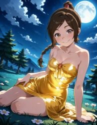 2025 ai_generated avatar_the_last_airbender brown_eyes brown_ponytail deviantart elryusam golden_dress hand_on_dress hand_on_ground looking_at_viewer meta nickelodeon nicktoons not_porn orange_cheeks paramount_animation sitting_on_grass smile_at_viewer smiling_at_viewer teeth_showing ty_lee viacom