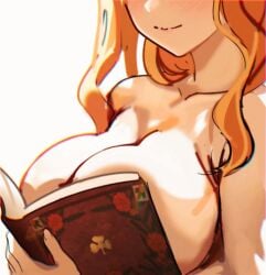 2d 2d_(artwork) big_breasts black_clover book breasts covering_breasts grimoire mimosa_vermillion mitana orange_hair