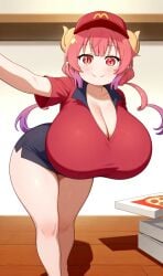 ai_generated curvy delivery_girl huge_breasts ilulu_(dragon_maid) miss_kobayashi's_dragon_maid pink_eyes pink_hair pizza shortstack