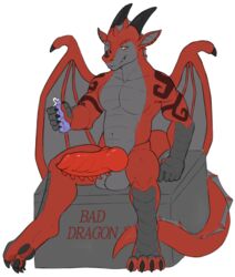 alternate_species anthro award bad_dragon balls barbed_penis claws design dragon english_text erection hi_res horn knot looking_at_viewer lube male male_only markings muscular muscular_male navel pawpads penis red_eyes simple_background solo text wings wyebird