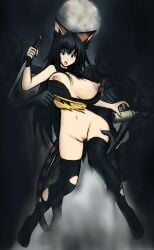 absurdres animal_ears black_hair bra bra_slip breasts cat_ears cat_girl cat_tail clothing_aside highres huge_breasts kosmic91 kotone kotone_inazuma long_hair narrow_waist nipples non-web_source panties panties_aside pussy tail thighhighs torn_clothes torn_thighhighs underwear vivid_dead zombie