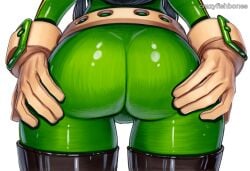ai_generated ass ass_focus asui_tsuyu bodysuit crazyfishbones female from_behind looking_back my_hero_academia simple_background skin_tight solo white_background