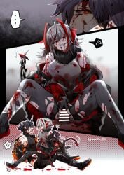 ... 1boy 1boy1girl 1girls angry arknights bandages bite_mark black_hair blood blood_on_arm blood_on_face blood_on_leg censored_penis duo flamebringer_(arknights) horns intertwined_tails iwashi_80 large_breasts musical_note red_eyes sex shirt_grab straight torn_clothes torn_pantyhose vaginal_penetration violent_sex w_(arknights) white_hair