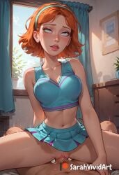 1boy 1girls adult_swim ai_generated blue_eyes blush cartoon_network cheerleader cheerleader_uniform cowgirl cowgirl_position female female_focus ginger ginger_hair jessica_(rick_and_morty) large_penis long_penis orange_hair penis rick_and_morty riding riding_penis rolling_eyes sarahvividart seductive sex shiny_skin short_hair tagme vaginal_penetration vaginal_sex