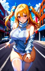 1girls ai_generated anime anime_girl babe bangs beautiful_females blue_ribbon brown_eyes buildings busty car city day fairy_tail fantasy female_focus grey_sweater hair_ribbon large_breasts long_socks looking_at_viewer lucy_heartfilia outdoors panties road sexy shonen_jump side_ponytail solo street toongenai twintails underwear virgin_killer_sweater voluptuous_female