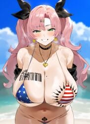 3rd_party_edit ai_generated barcode_tattoo big_breasts bikini breasts cunning_hares female heart_necklace long_hair nicole_demara pink_hair qos qos_tattoo queen_of_spades smile spade_tattoo sperm_tattoo thick_thighs zenless_zone_zero