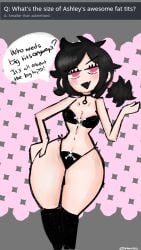 ashley_graves big_hips bikini black_hair curvy female pale_skin petite_female pink_eyes puddinpuddgi small_breasts smug_face stylized text the_coffin_of_andy_and_leyley toony